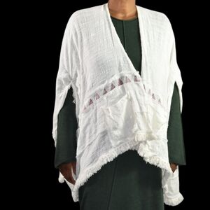 Free People Cotton Shawl Beige Fringe Kimono Textured Open Cardigan One Size